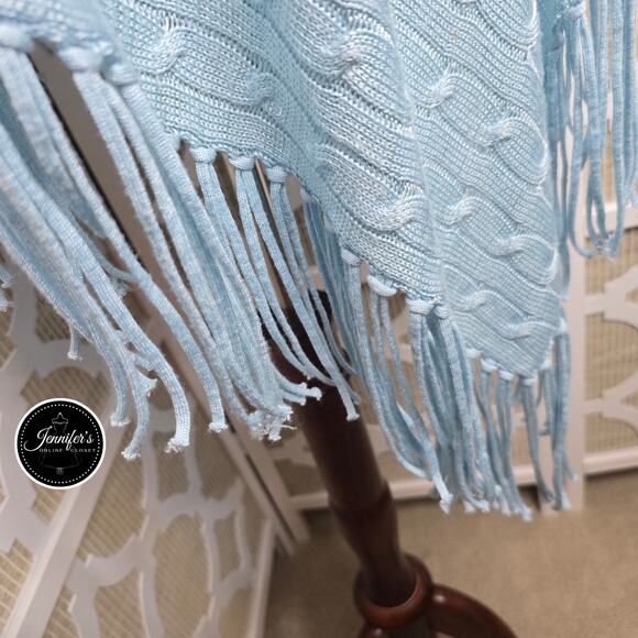 Chico's Light Blue Colleen Cable Knit Asymmetrical Fringe Poncho One Size - Picture 5 of 11